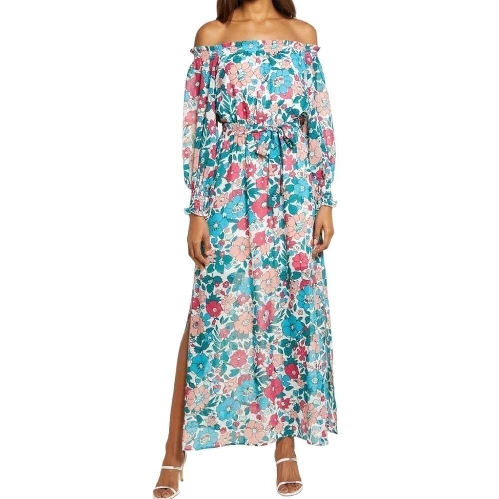 NEW Charles Henry Floral Off The Shoulder Chiffon long midi to Maxi Dress XS